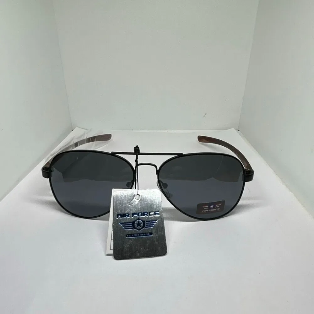 Air Force Aviator Sunglasses UV400 Metal Frame Wood Grain Temples New